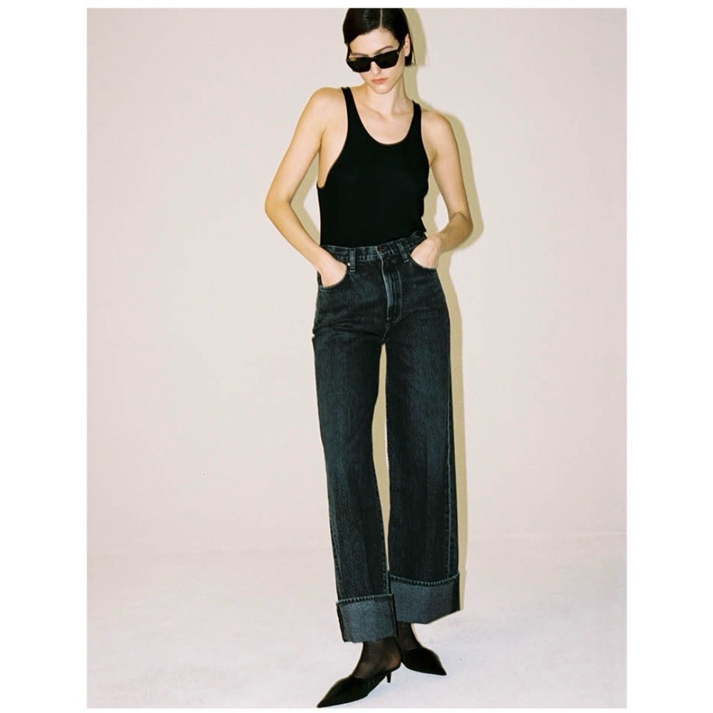 Goldsign Astley Jeans in Brampton Wide Leg Cuffed Hem Black High Rise Size 25